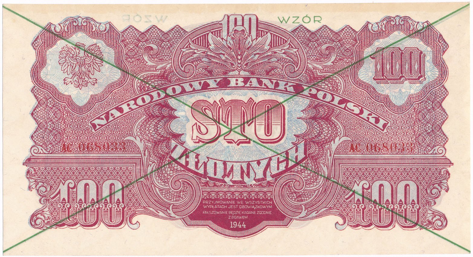WZÓR. 100 złotych 1944 Zielony, RZADKOŚĆ (R6)